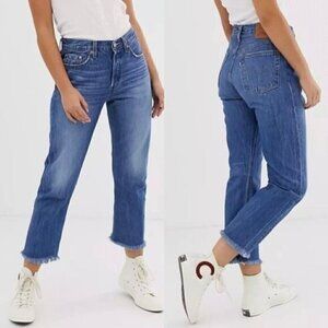 NWT Levi's 501 Cropped Straight Leg Denim Jeans Size 26 Raw Hem Midwash Blue